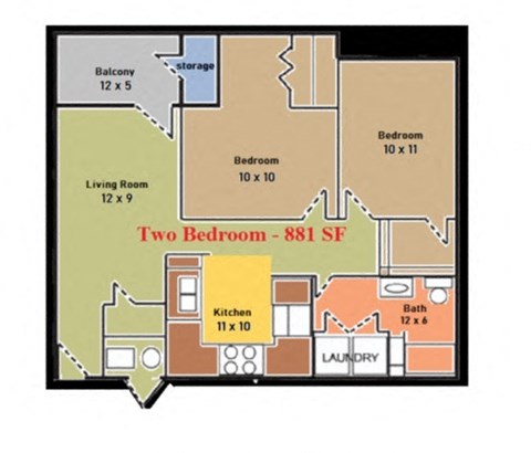 A floor plan of a two bedroom apartment with 881 square feet.